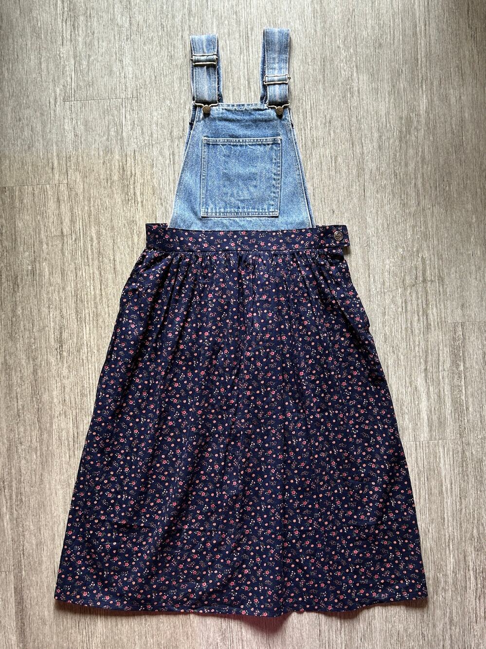 Nixit Denim Overalls Navy Blue Floral Skirt Cotton Midi Dress Size Medium Large